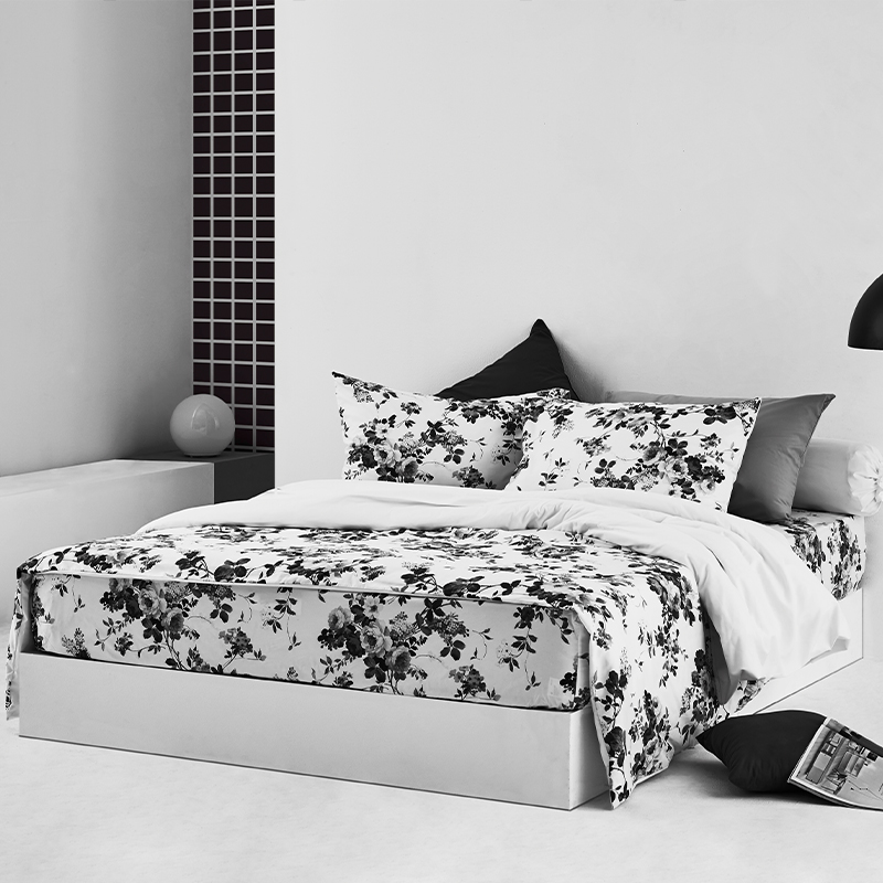 Lotus Black &amp; White - QS Fitted Bedsheet Set-5pcs - LI-BW-03W