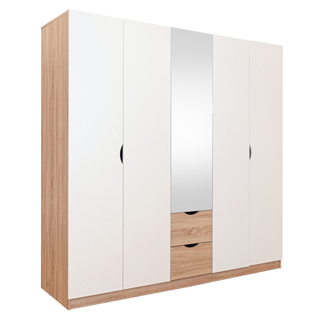 Havin Wardrobe 200cm Wide-Solid Oak/White Mirror