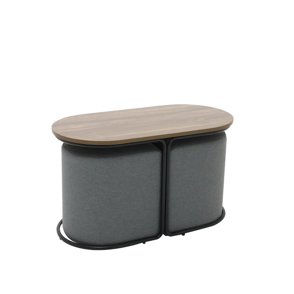 Malinne Coffee Table + Stool-Black Steel/Grey Fabric