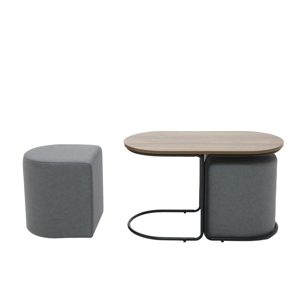 Malinne Coffee Table + Stool-Black Steel/Grey Fabric