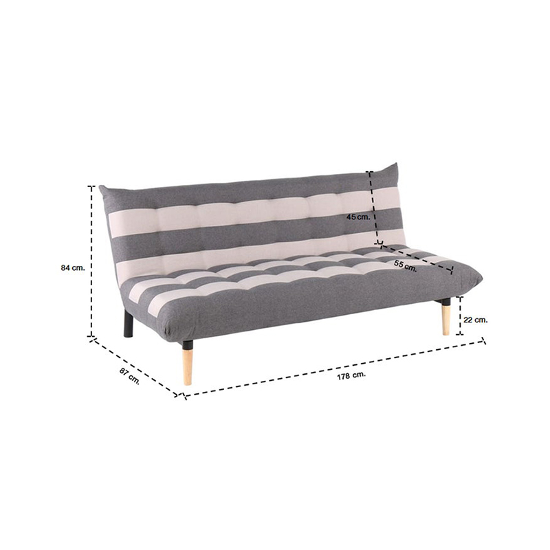 Minda Sofa Bed - Natural Wood - Grey Fabric Striped