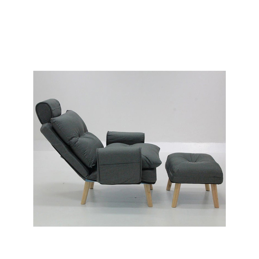 Otaru Arm Chair + Stool - Rubber Wood/Dark Grey Fabric