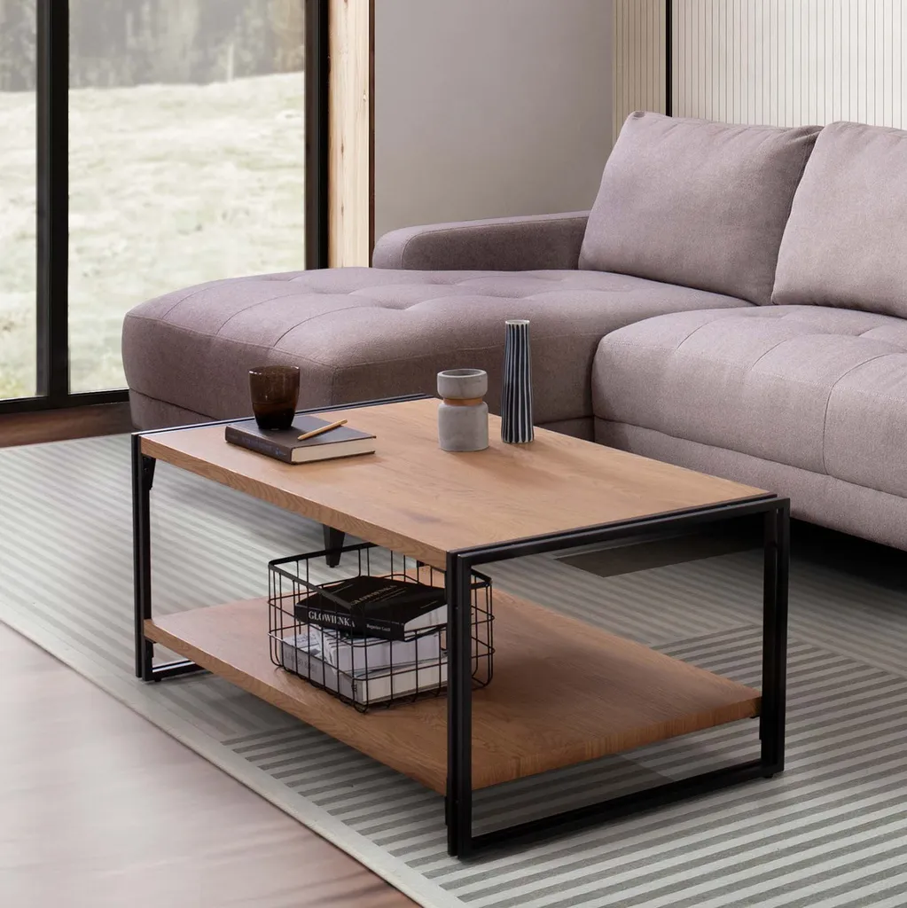 [19224760] Lomas Coffee Table Steel Black Natural Wood